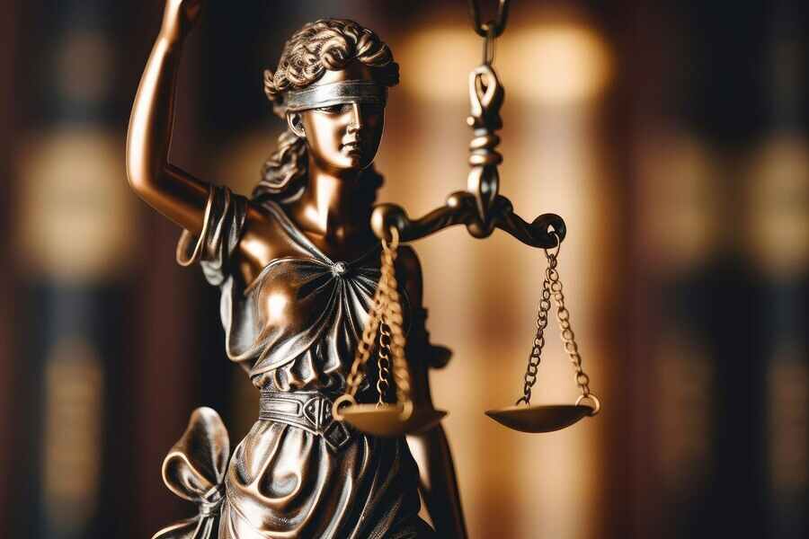 Why is a black band tied to the 'Goddess of Justice'?